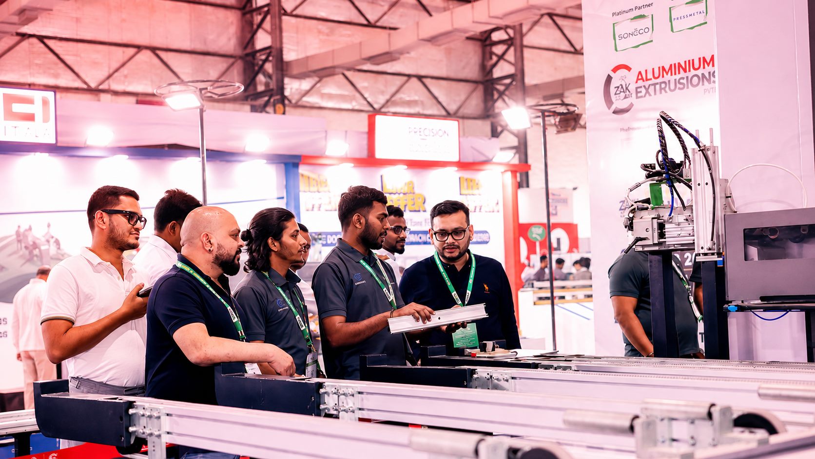 Visitors examining extruded profiles on the show floor